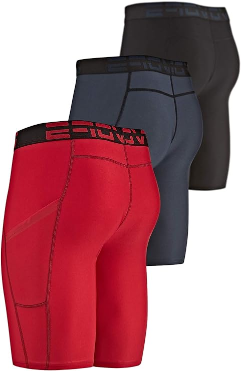 3 Pack Men's Compression Shorts with Pocket - Spandex Athletic Workout Running Sport Shorts for Gym Training & Performance Base Layer