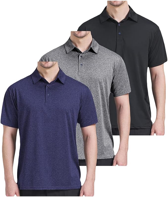 3 Pack Men's Dry Fit Golf Polo Shirts - Quick-Dry Performance Moisture-Wicking Short Sleeve Tops for Golf, Tennis & Active Lifestyle