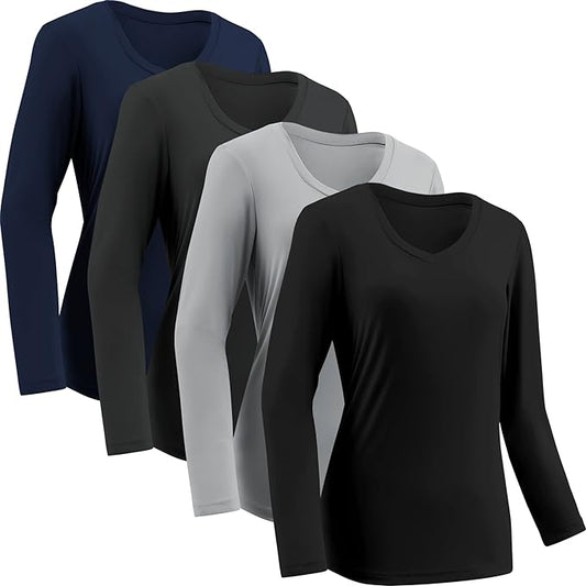 4 Pack Women's Quick-Dry Moisture-Wicking Activewear Shirts - Long-Sleeve V-Neck Athletic Running & Gym Workout Tops