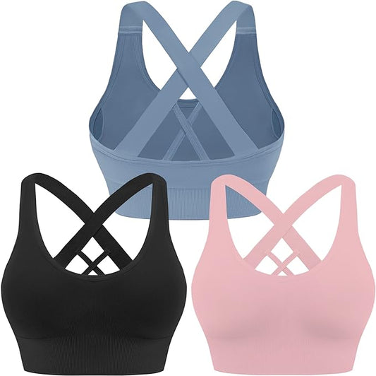 3 Pack Women's Medium Support Sports Bras - Padded Criss-Cross Strappy Yoga Bras for High-Impact Athletic Exercise | Seamless Workout Activewear