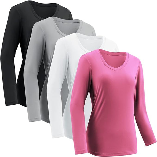 4 Pack Women's Quick-Dry Moisture-Wicking Activewear Shirts - Long-Sleeve V-Neck Athletic Running & Gym Workout Tops