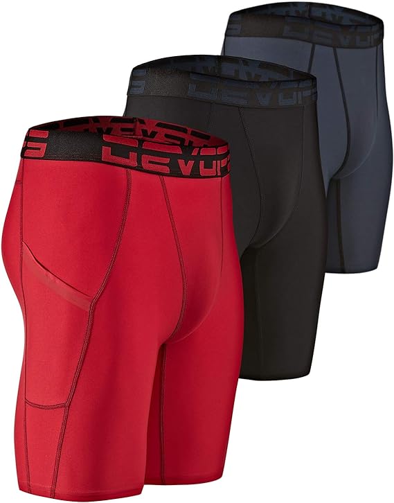 3 Pack Men's Compression Shorts with Pocket - Spandex Athletic Workout Running Sport Shorts for Gym Training & Performance Base Layer