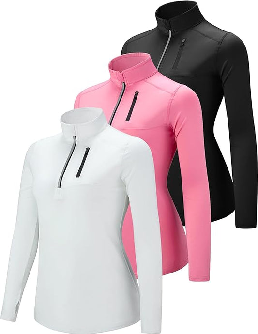3 Pack Women's Quick-Dry Long Sleeve Quarter Zip Workout Shirts with Thumb Holes & Pocket - Athletic Pullover Tops for Yoga, Gym, Running