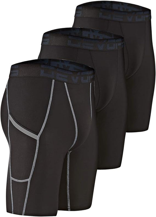 3 Pack Men's Compression Shorts with Pocket - Spandex Athletic Workout Running Sport Shorts for Gym Training & Performance Base Layer