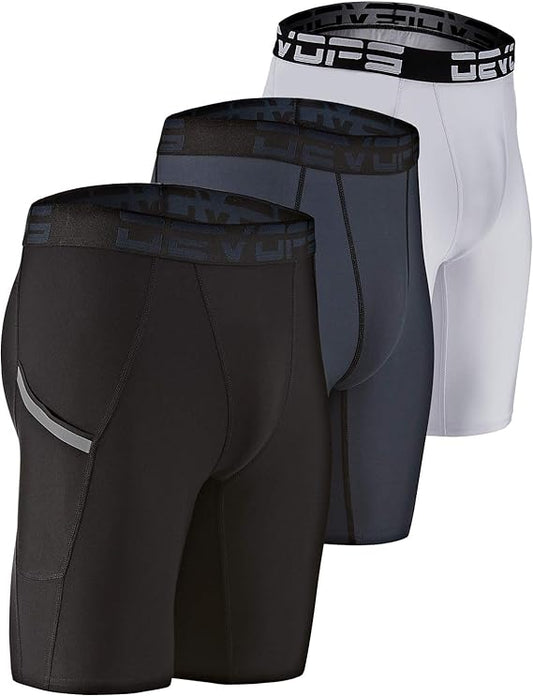 3 Pack Men's Compression Shorts with Pocket - Spandex Athletic Workout Running Sport Shorts for Gym Training & Performance Base Layer