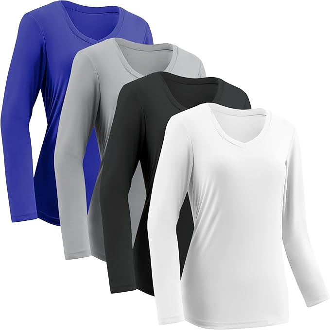 4 Pack Women's Quick-Dry Moisture-Wicking Activewear Shirts - Long-Sleeve V-Neck Athletic Running & Gym Workout Tops