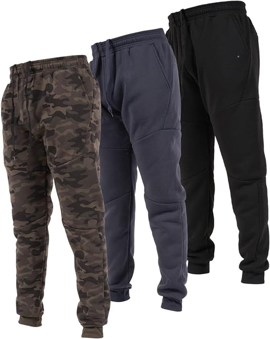3-Pack Men's Ultra Performance Fleece Active Tech Jogger Sweatpants with Zipper Pockets | Comfort Fit, Moisture-Wicking | Athletic Training, Gym, Casual Wear | Durable & Stylish