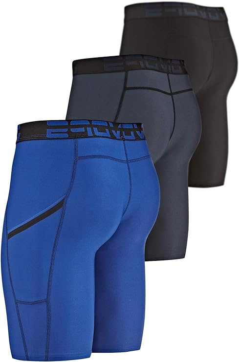 3 Pack Men's Compression Shorts with Pocket - Spandex Athletic Workout Running Sport Shorts for Gym Training & Performance Base Layer