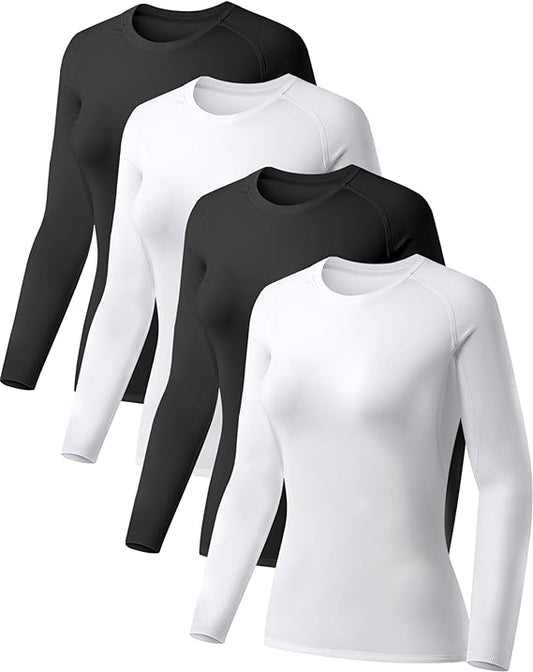 Women's Long Sleeve Compression Shirt 4-Pack - Moisture-Wicking Performance Baselayer, Breathable Athletic Top for Gym, Running & Sports | Flexible Fit Activewear Gear