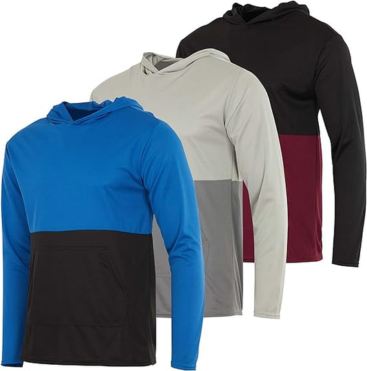 3-Pack Men's Mesh Long Sleeve Athletic Pullover Hoodie - UPF 50+ Sun Protection, Breathable Workout Top, Lightweight Training Sweatshirt with Pockets