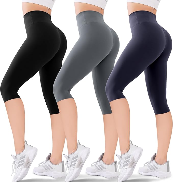 3-Pack Women's High Waisted Knee-Length Leggings: Capri & Biker Shorts for Yoga, Workout, Exercise & Casual Wear