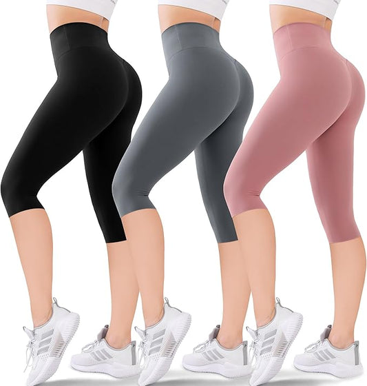 3-Pack Women's High Waisted Knee-Length Leggings: Capri & Biker Shorts for Yoga, Workout, Exercise & Casual Wear