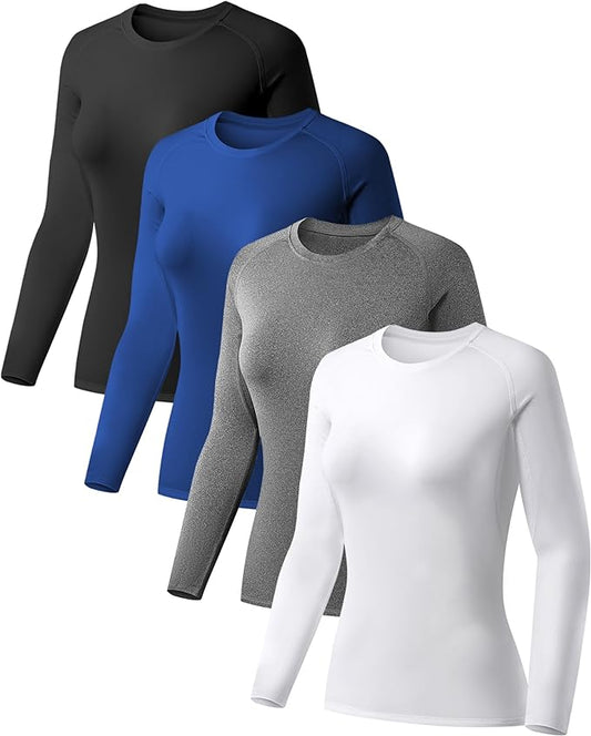 Women's Long Sleeve Compression Shirt 4-Pack - Moisture-Wicking Performance Baselayer, Breathable Athletic Top for Gym, Running & Sports | Flexible Fit Activewear Gear