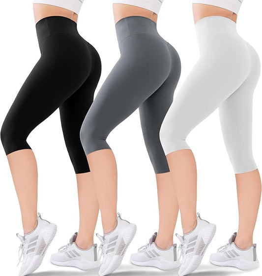3-Pack Women's High Waisted Knee-Length Leggings: Capri & Biker Shorts for Yoga, Workout, Exercise & Casual Wear