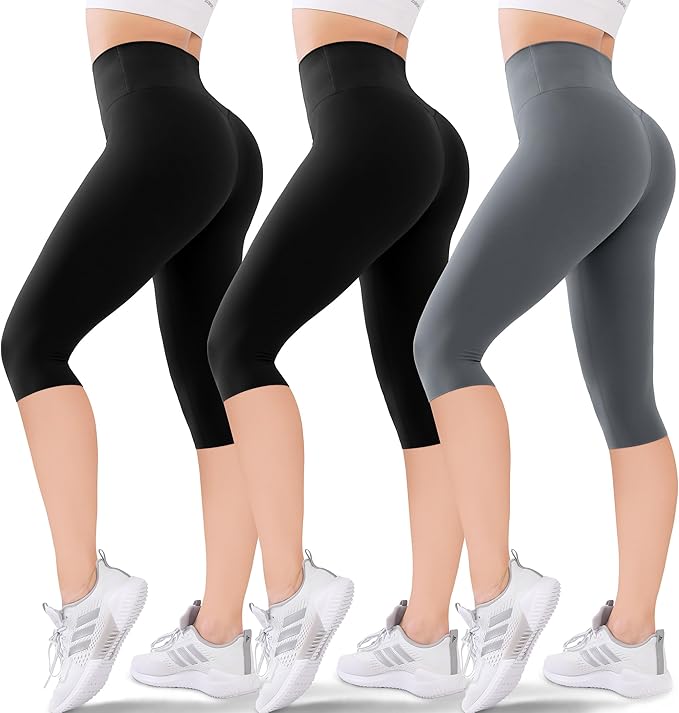 3-Pack Women's High Waisted Knee-Length Leggings: Capri & Biker Shorts for Yoga, Workout, Exercise & Casual Wear