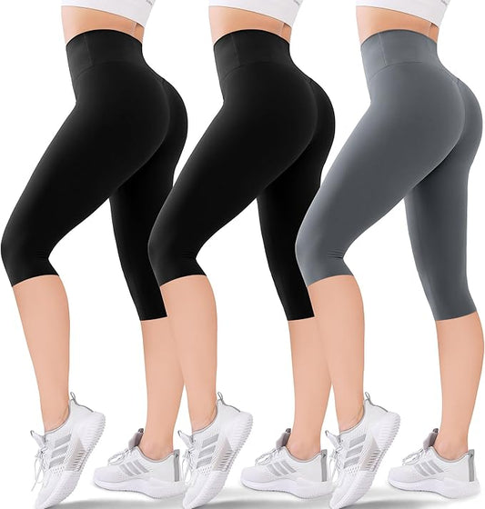 3-Pack Women's High Waisted Knee-Length Leggings: Capri & Biker Shorts for Yoga, Workout, Exercise & Casual Wear