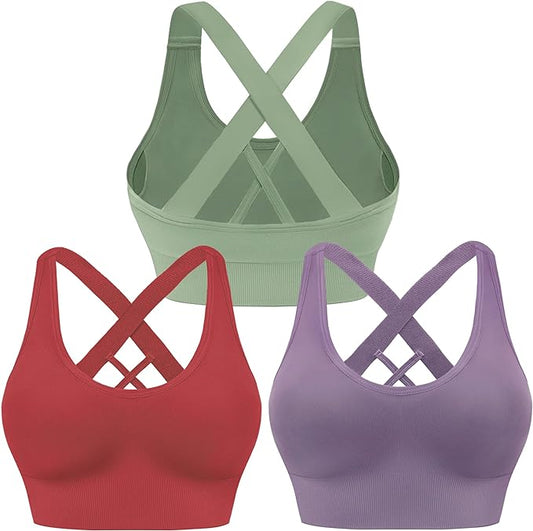 3 Pack Women's Medium Support Sports Bras - Padded Criss-Cross Strappy Yoga Bras for High-Impact Athletic Exercise | Seamless Workout Activewear