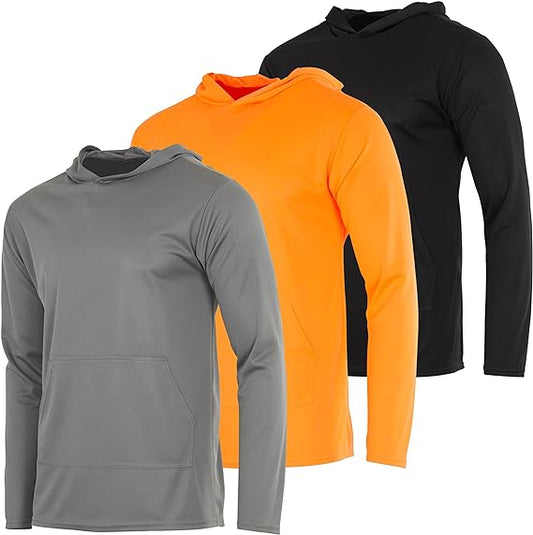 3-Pack Men's Mesh Long Sleeve Athletic Pullover Hoodie - UPF 50+ Sun Protection, Breathable Workout Top, Lightweight Training Sweatshirt with Pockets