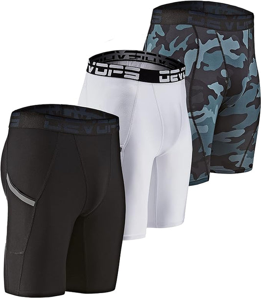 3 Pack Men's Compression Shorts with Pocket - Spandex Athletic Workout Running Sport Shorts for Gym Training & Performance Base Layer