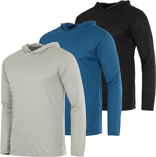 3-Pack Men's Mesh Long Sleeve Athletic Pullover Hoodie - UPF 50+ Sun Protection, Breathable Workout Top, Lightweight Training Sweatshirt with Pockets