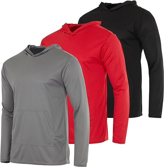 3-Pack Men's Mesh Long Sleeve Athletic Pullover Hoodie - UPF 50+ Sun Protection, Breathable Workout Top, Lightweight Training Sweatshirt with Pockets