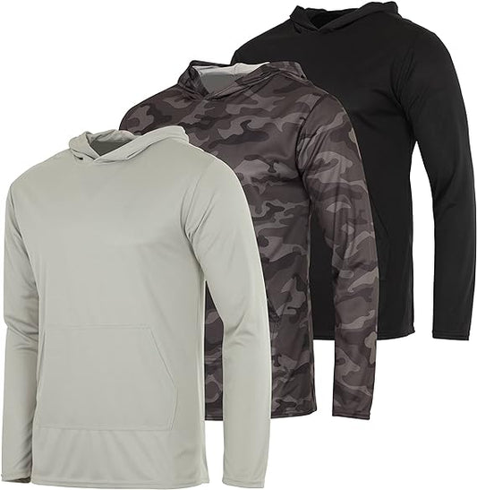 3-Pack Men's Mesh Long Sleeve Athletic Pullover Hoodie - UPF 50+ Sun Protection, Breathable Workout Top, Lightweight Training Sweatshirt with Pockets