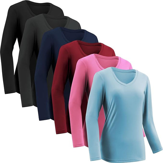6-Pack Women's Moisture-Wicking Quick-Dry V-Neck Long Sleeve Athletic T-Shirts | Breathable Workout Running Gym Tops for Fitness & Active Lifestyles