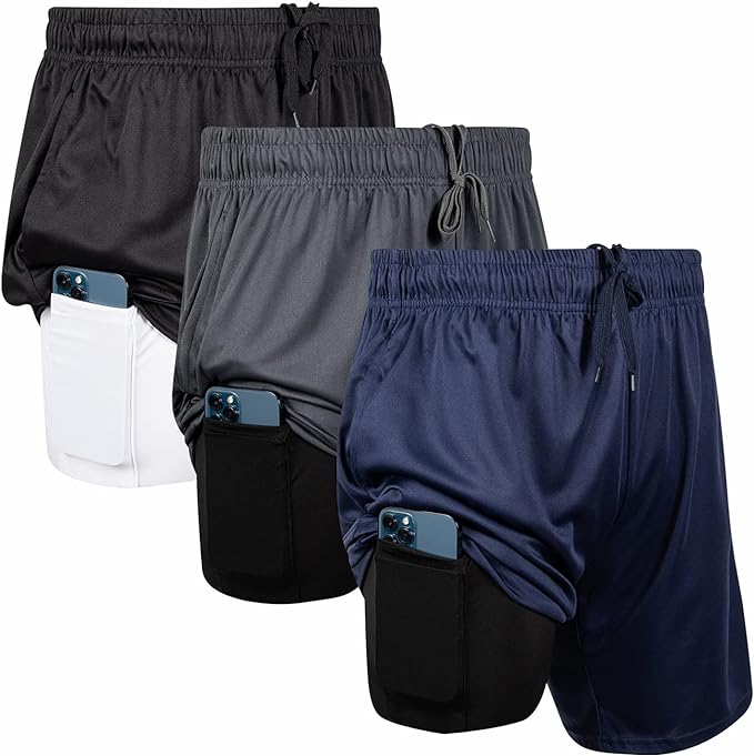 Ultra Performance Men's 2-in-1 Athletic Running Shorts 7-Inch Inseam Compression Workout Gym Shorts 3-Pack - Moisture-Wicking Quick-Dry Lightweight Breathable