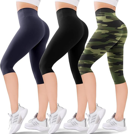 3-Pack Women's High Waisted Knee-Length Leggings: Capri & Biker Shorts for Yoga, Workout, Exercise & Casual Wear