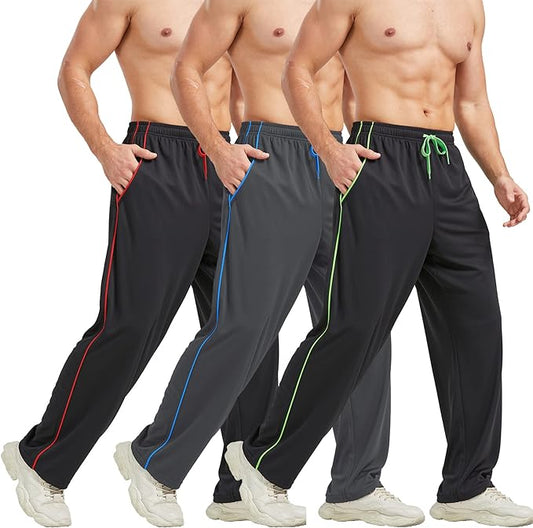 3 Pack Men's Athletic Joggers with Pockets | Open Bottom Sweatpants for Workout, Running, Exercise & Gym | Lightweight Comfort Fit
