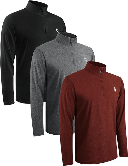 3 Pack Men's Quick-Dry Quarter Zip Pullover | Long Sleeve Athletic Shirts for Running, Golf, Gym Workouts & Training