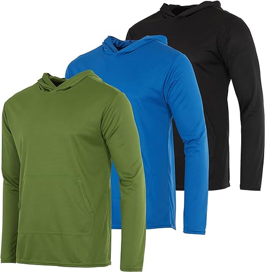 3-Pack Men's Mesh Long Sleeve Athletic Pullover Hoodie - UPF 50+ Sun Protection, Breathable Workout Top, Lightweight Training Sweatshirt with Pockets