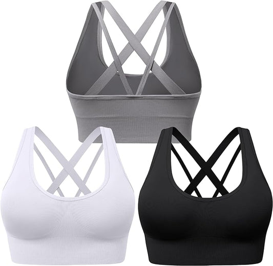 3 Pack Women's Medium Support Sports Bras - Padded Criss-Cross Strappy Yoga Bras for High-Impact Athletic Exercise | Seamless Workout Activewear