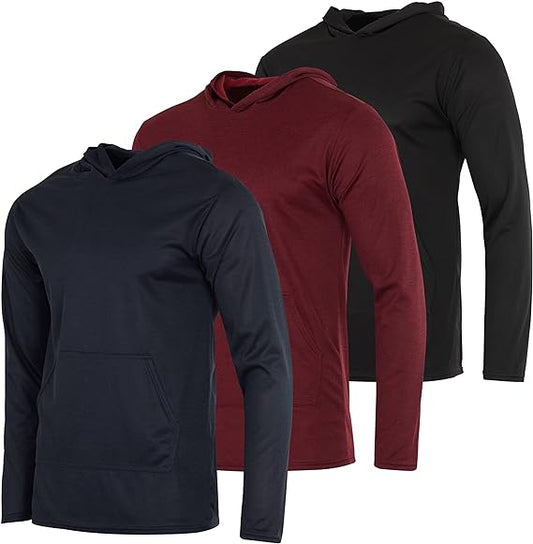 3-Pack Men's Mesh Long Sleeve Athletic Pullover Hoodie - UPF 50+ Sun Protection, Breathable Workout Top, Lightweight Training Sweatshirt with Pockets