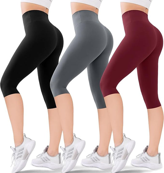 3-Pack Women's High Waisted Knee-Length Leggings: Capri & Biker Shorts for Yoga, Workout, Exercise & Casual Wear