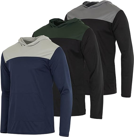3-Pack Men's Mesh Long Sleeve Athletic Pullover Hoodie - UPF 50+ Sun Protection, Breathable Workout Top, Lightweight Training Sweatshirt with Pockets