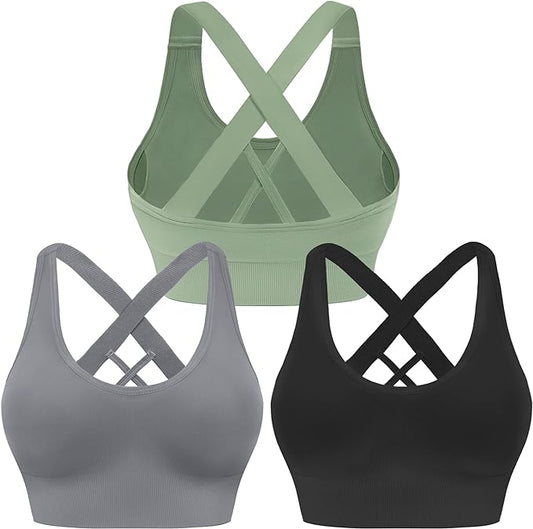 3 Pack Women's Medium Support Sports Bras - Padded Criss-Cross Strappy Yoga Bras for High-Impact Athletic Exercise | Seamless Workout Activewear
