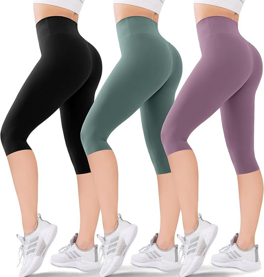 3-Pack Women's High Waisted Knee-Length Leggings: Capri & Biker Shorts for Yoga, Workout, Exercise & Casual Wear