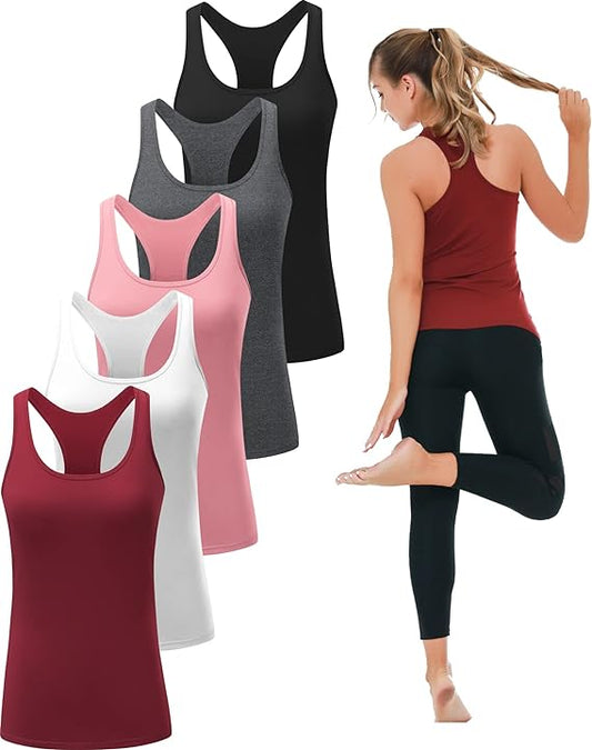 Women's 5-Pack Workout Tank Tops: Moisture-Wicking Racerback Athletic Shirts - Breathable Dry Fit Compression Tops for Gym, Fitness & Sports Performance