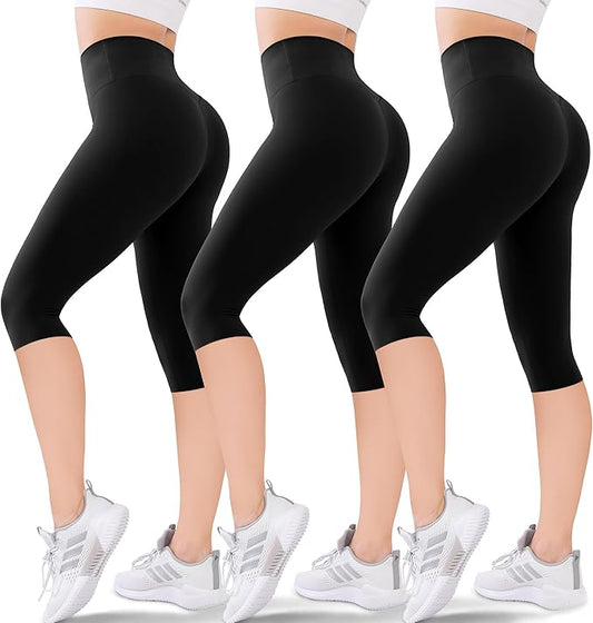 3-Pack Women's High Waisted Knee-Length Leggings: Capri & Biker Shorts for Yoga, Workout, Exercise & Casual Wear
