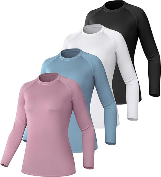 Women's Long Sleeve Compression Shirt 4-Pack - Moisture-Wicking Performance Baselayer, Breathable Athletic Top for Gym, Running & Sports | Flexible Fit Activewear Gear