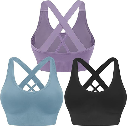 3 Pack Women's Medium Support Sports Bras - Padded Criss-Cross Strappy Yoga Bras for High-Impact Athletic Exercise | Seamless Workout Activewear