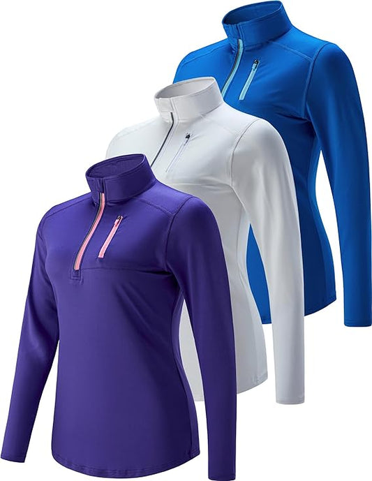 3 Pack Women's Quick-Dry Long Sleeve Quarter Zip Workout Shirts with Thumb Holes & Pocket - Athletic Pullover Tops for Yoga, Gym, Running