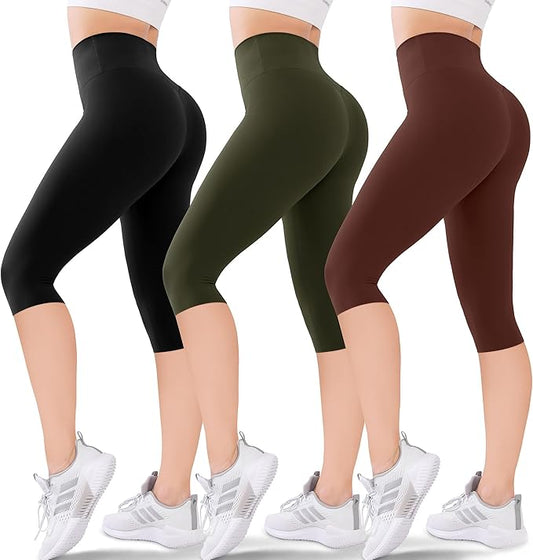 3-Pack Women's High Waisted Knee-Length Leggings: Capri & Biker Shorts for Yoga, Workout, Exercise & Casual Wear