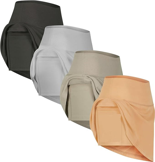 4 Pack Women's Ribbed Active Skort with Pockets - Running Tennis Golf Workout Skirt Shorts - Plus Size Available