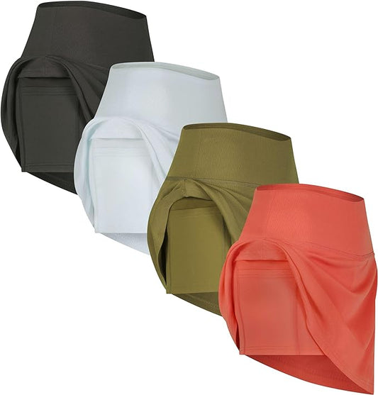 4 Pack Women's Ribbed Active Skort with Pockets - Running Tennis Golf Workout Skirt Shorts - Plus Size Available