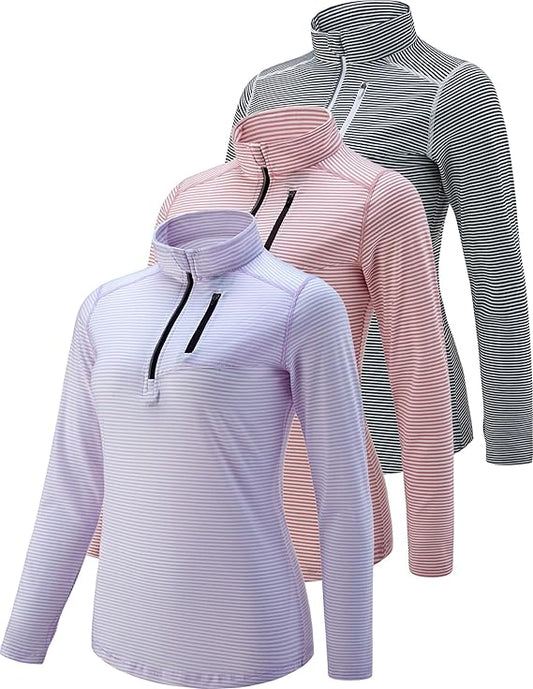 3 Pack Women's Quick-Dry Long Sleeve Quarter Zip Workout Shirts with Thumb Holes & Pocket - Athletic Pullover Tops for Yoga, Gym, Running