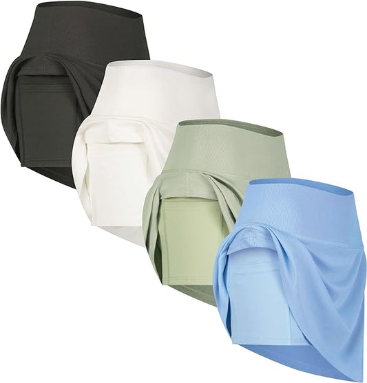 4 Pack Women's Ribbed Active Skort with Pockets - Running Tennis Golf Workout Skirt Shorts - Plus Size Available