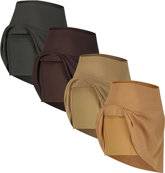 4 Pack Women's Ribbed Active Skort with Pockets - Running Tennis Golf Workout Skirt Shorts - Plus Size Available