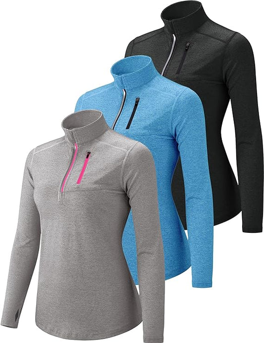 3 Pack Women's Quick-Dry Long Sleeve Quarter Zip Workout Shirts with Thumb Holes & Pocket - Athletic Pullover Tops for Yoga, Gym, Running